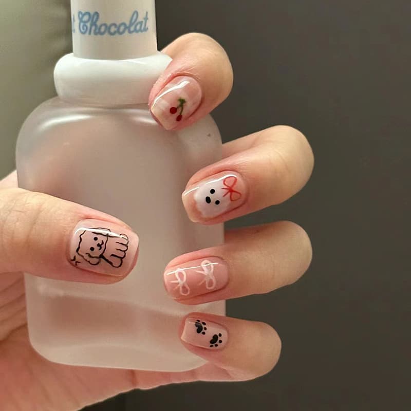 Wearable Nail Tips Short Square Nail Tips with Bowknot Cute Fake Nails 24pcs