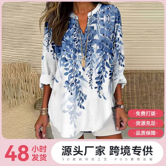 2025 new cross-border independent station AliExpress Amazon European and American size loose 3D printed V-neck shirt long-sleeved T-shirt