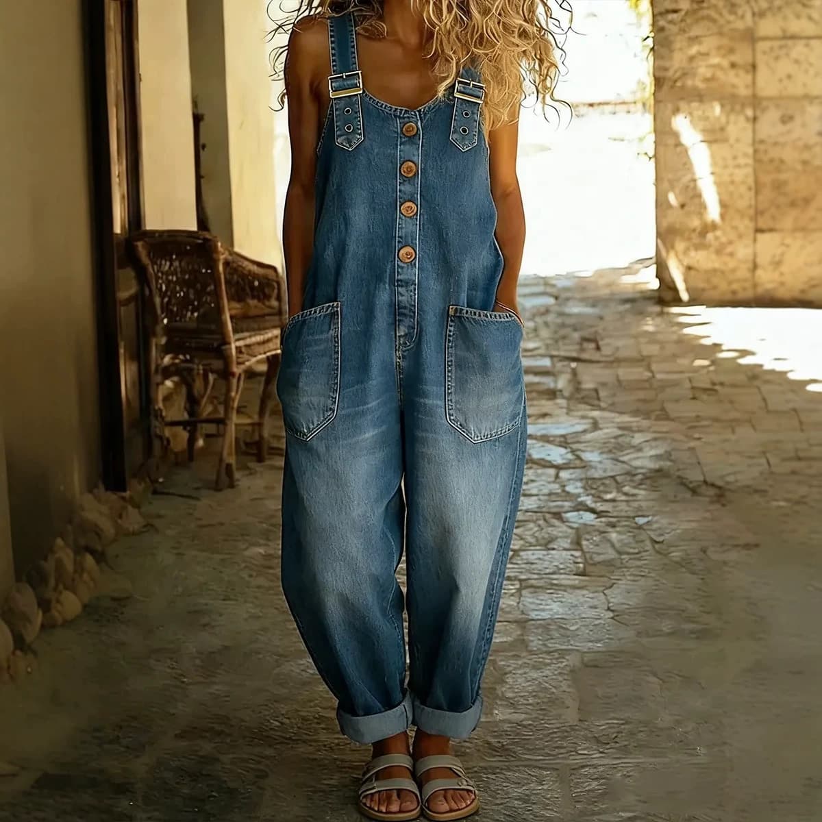 Cross-border European and American Fashion Vintage Washed Loose Women's Casual Denim Jumpsuit with Adjustable Buckle NK402