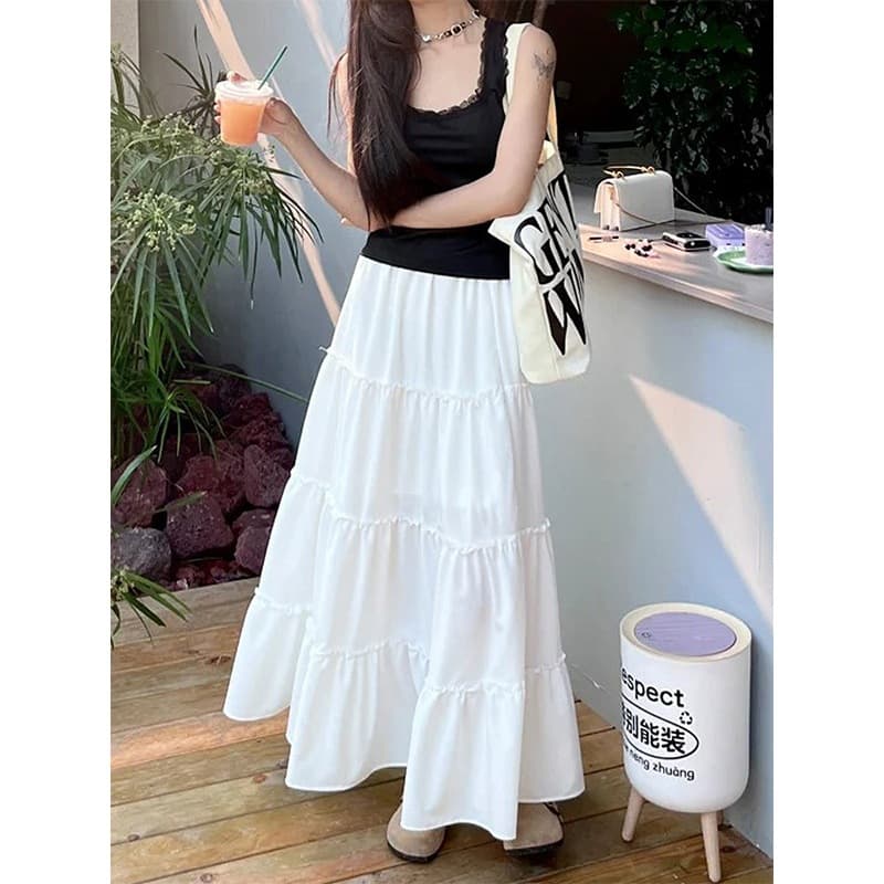 New Summer French Vacation Style High-Waist Slimming Ruffle Trim Midi Soft Flowing Skirt for Women