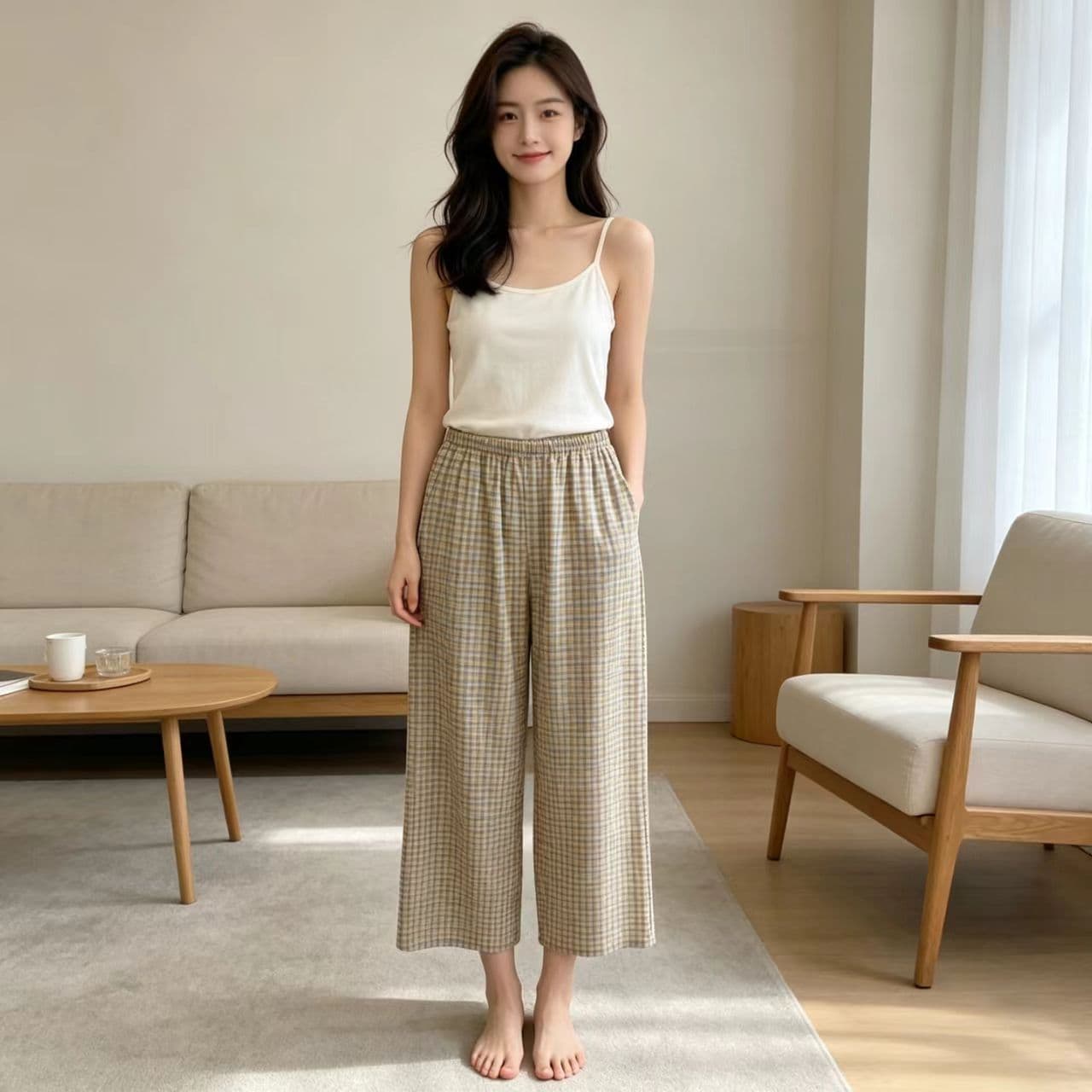Pure cotton pajamas for women, spring and summer new walking pants, simple plaid square pants, loose, breathable and comfortable home air-conditioned pants