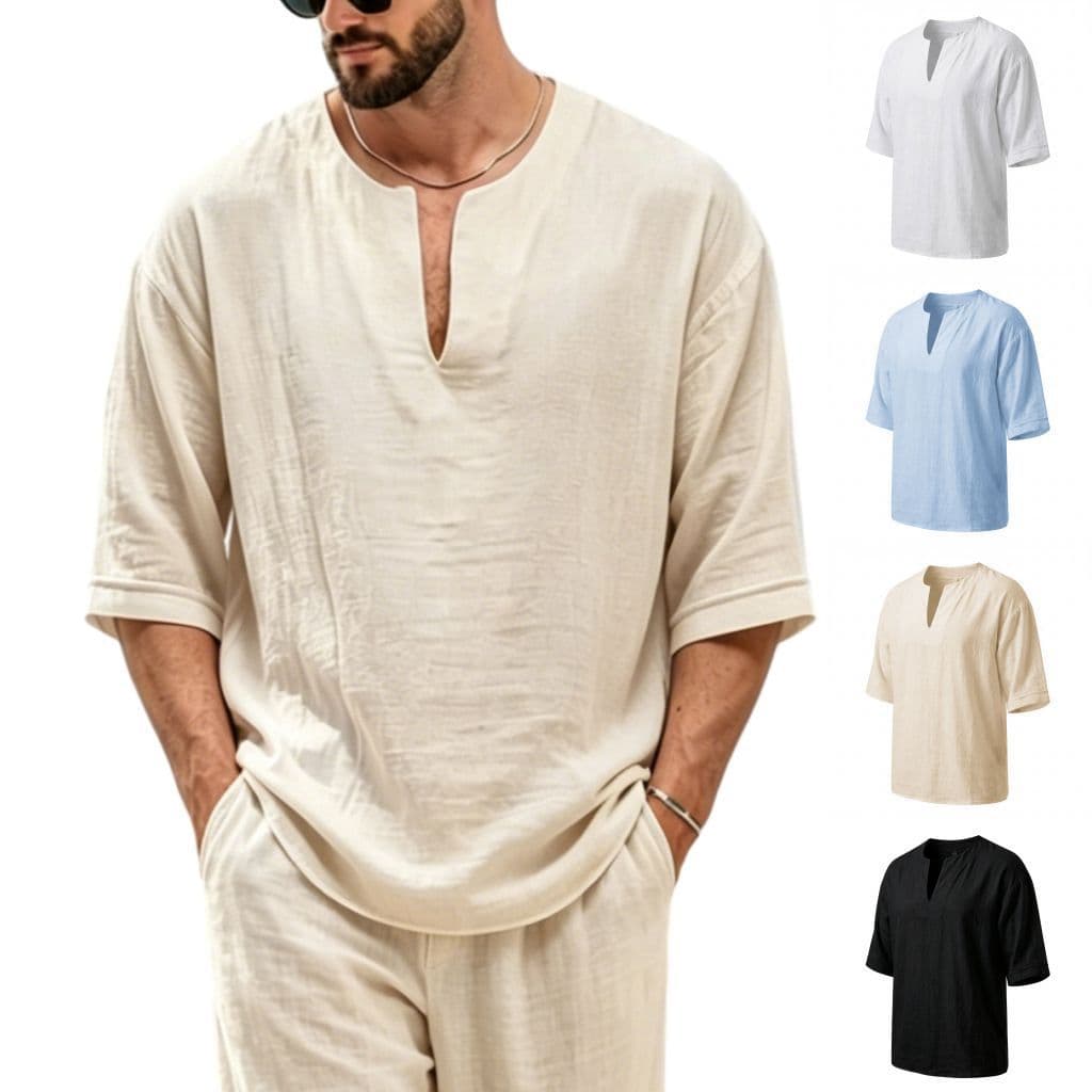 Cross-Border Men's Linen T-Shirt V-Neck 3/4 Sleeve Loose Casual Top Breathable Linen Vacation Style Men's Clothing