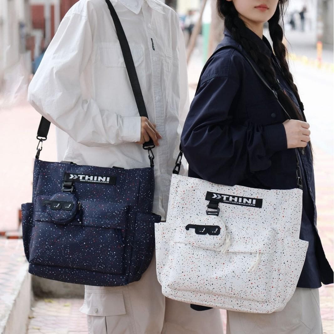 Japanese Workwear Style Navy Splatter Ink Multi-Pocket Crossbody Bag, Single Shoulder Bag for Students for Early Morning Classes and Weekend Outings