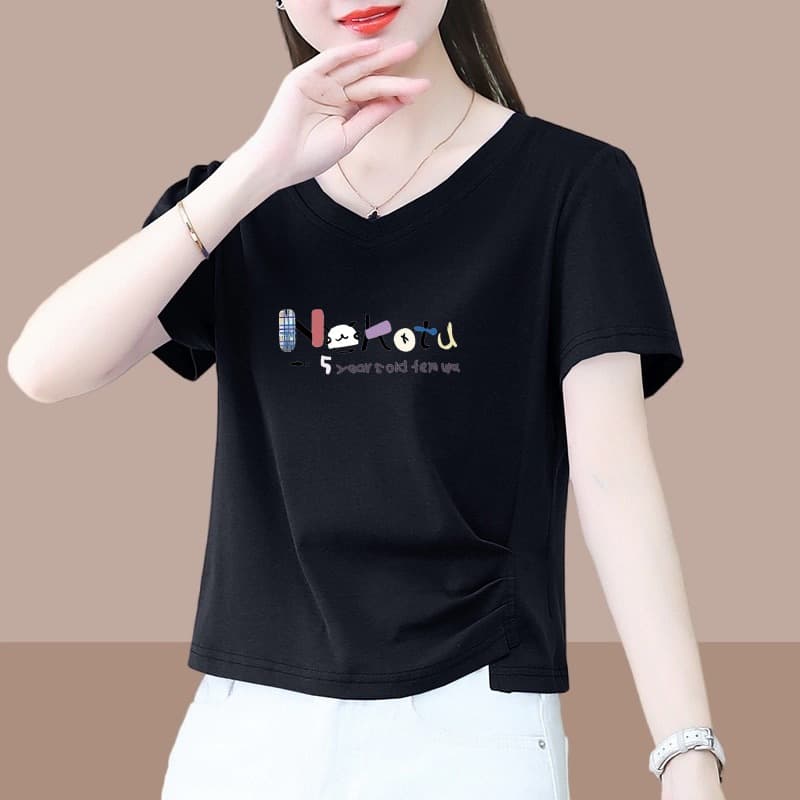 2025 New Foreign Trade Mom Short-Sleeve T-Shirt, Women's Loose V-Neck Hem Slit, Letter Print Top, INS Trend