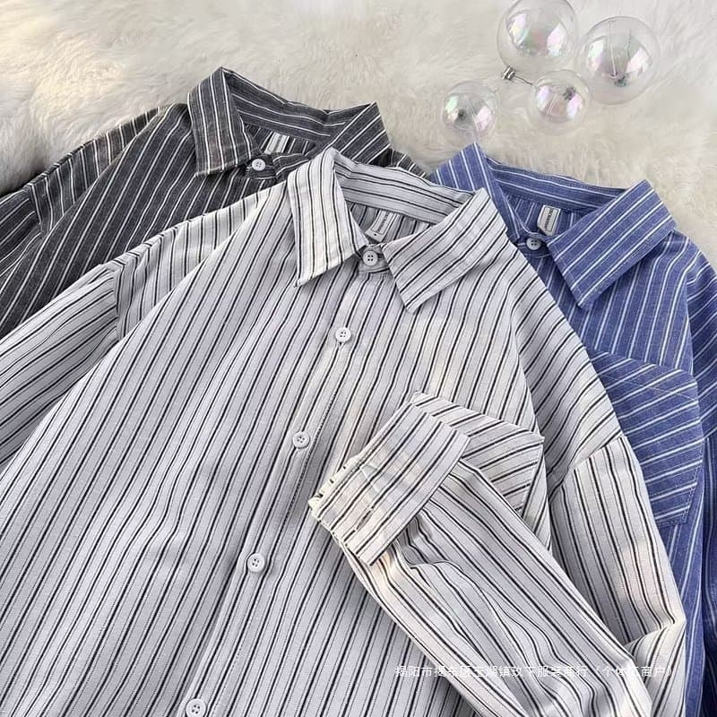 Spring and Autumn Striped Shirt Men Long Sleeve Ins Hong Kong Style Retro Handsome Japanese Loose Casual Versatile Trendy Jacket