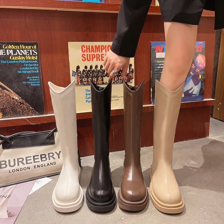 Women's 2023 New Autumn/Winter High-Top Boots Petite Long Boots Mid-Calf Horse Riding Boots Knight Boots Rubber Leather Material