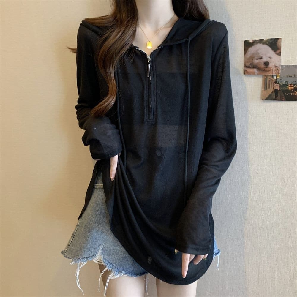 Plus Size Summer Thin Cover-Up Sun Protection T-Shirt for Women, Long Sleeve Loose Black Hooded Mid-Length Top