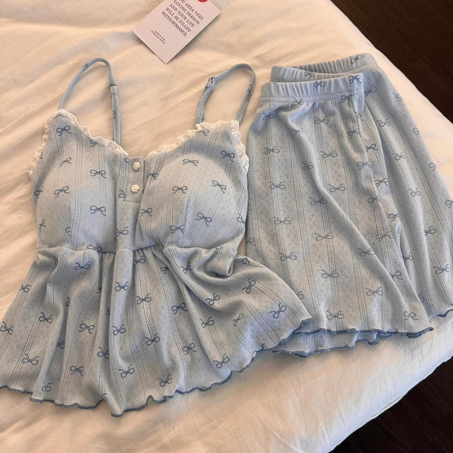 2026 summer new sweet blue bow print pajamas with chest pads and suspenders plus size shorts set