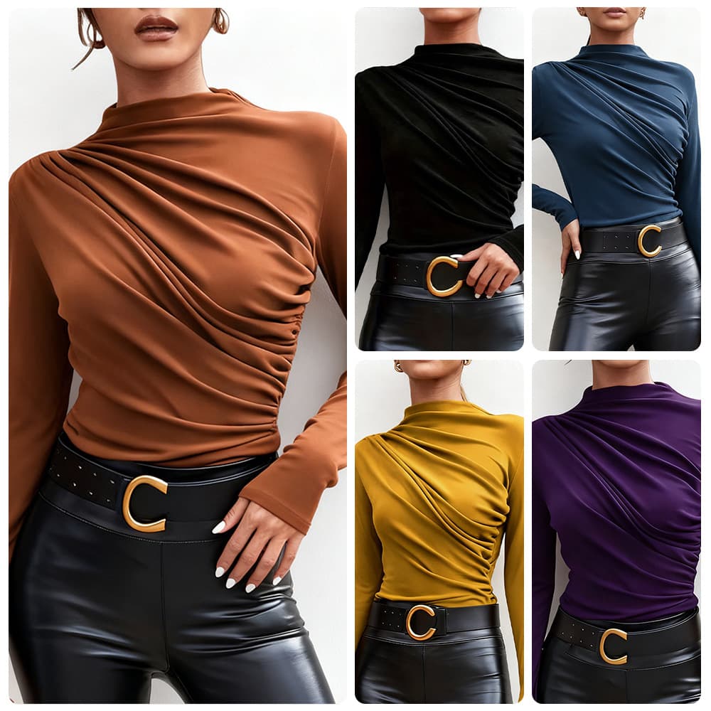 2024 Europe and America Cross-border Amazon AliExpress Solid Color Slim Fit Base Layer Shirt Versatile Pleated Design Long Sleeve Top