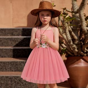 Pink Strappy High-End Girls' Dress with Waist Flower Accent Mesh Tutu Dress Children's Birthday Performance Princess Dress