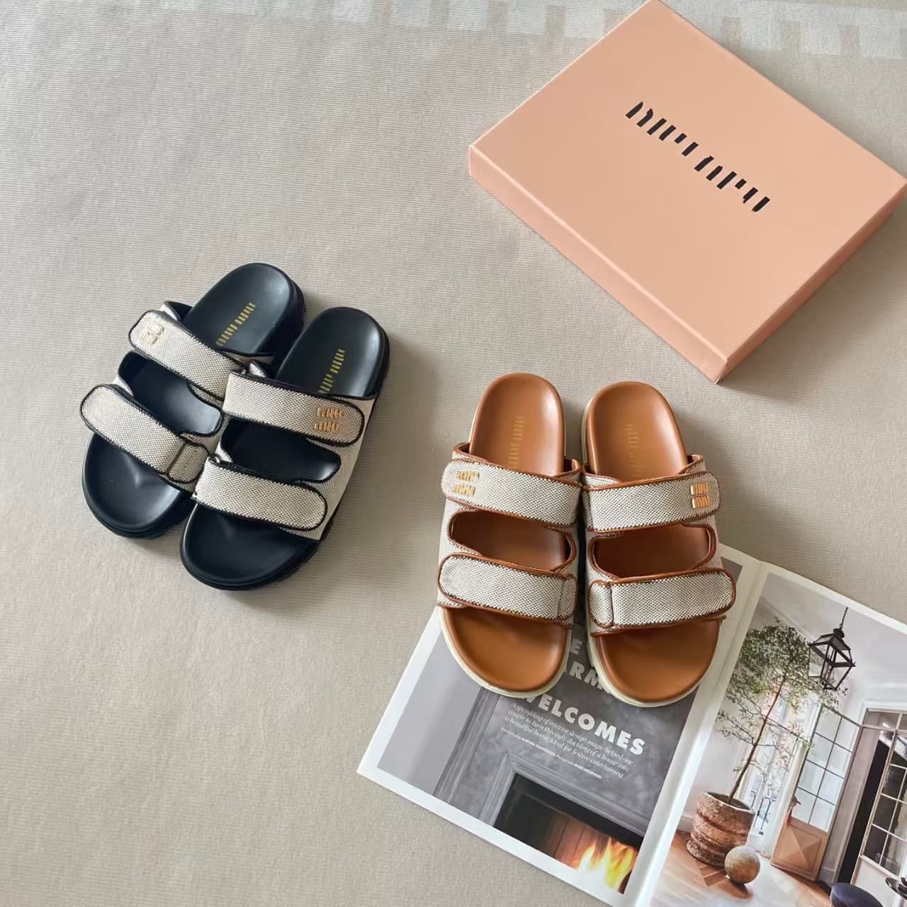 M Home~ Color-block Woven One-strap Velcro Sandals for Women, Summer New Thick Sole Non-slip Genuine Leather Slippers for Outdoor Wear
