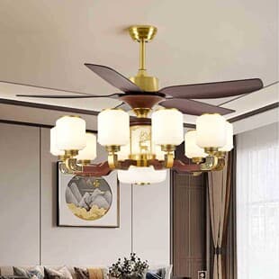 New Chinese Vintage Grand Tea Room Living Room Hall Solid Wood Ceiling Fan Light, Mid-Century Eye-Caring Dining Room Direct Blade Fan Light