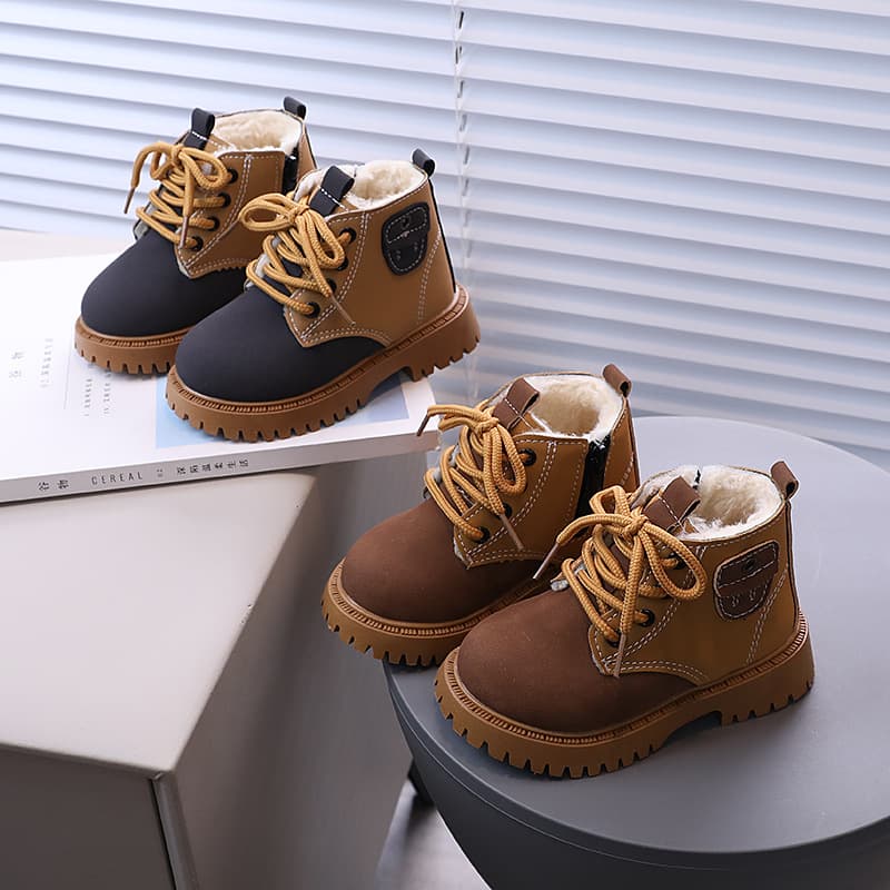 Boys British Style Winter Warm Fleece-Lined Martin Boots Girls Outdoor Anti-Slip Patchwork Soft Sole Versatile Fashion Ankle Boots