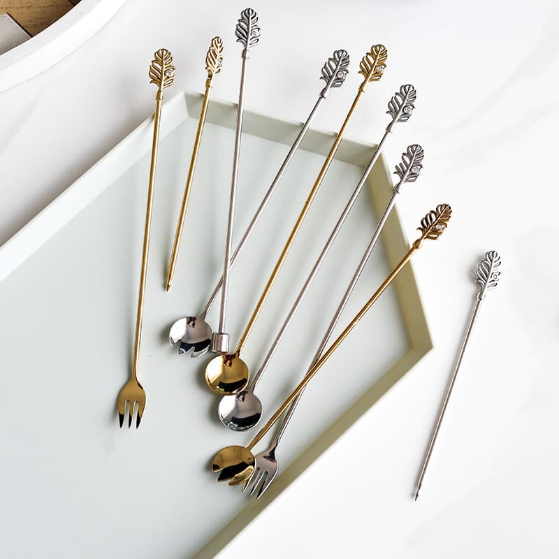 Mocha 304 Stainless Steel Long Handle Stirring Spoon with Exquisite Sunflower Leaf Handle, Fruit Pick, Salad Fork, Coffee Spoon, Cocktail Stirrer