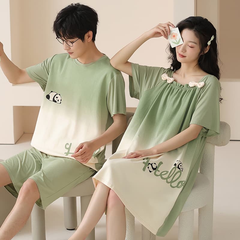 2024 Summer New Couple Cotton Pajamas Women's Nightgown Style Casual Homewear Short Sleeve Men's and Women's Wearable Outside