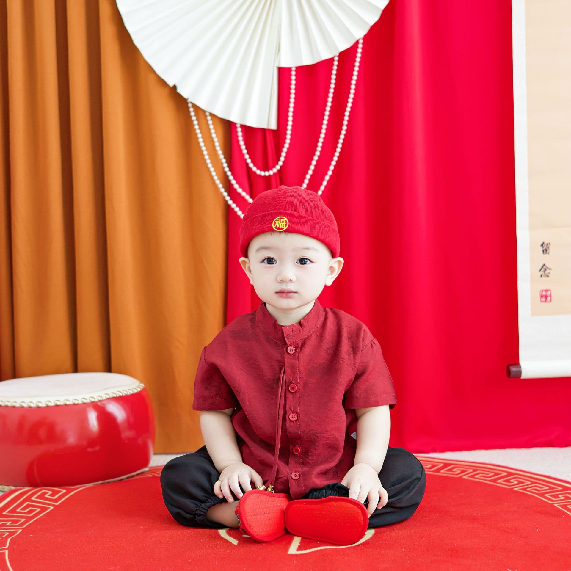 Boys' Hanfu Summer Outfit, First Birthday Ceremony Suit, New Chinese Style Set for Toddlers, Red Two-Piece Tang Suit