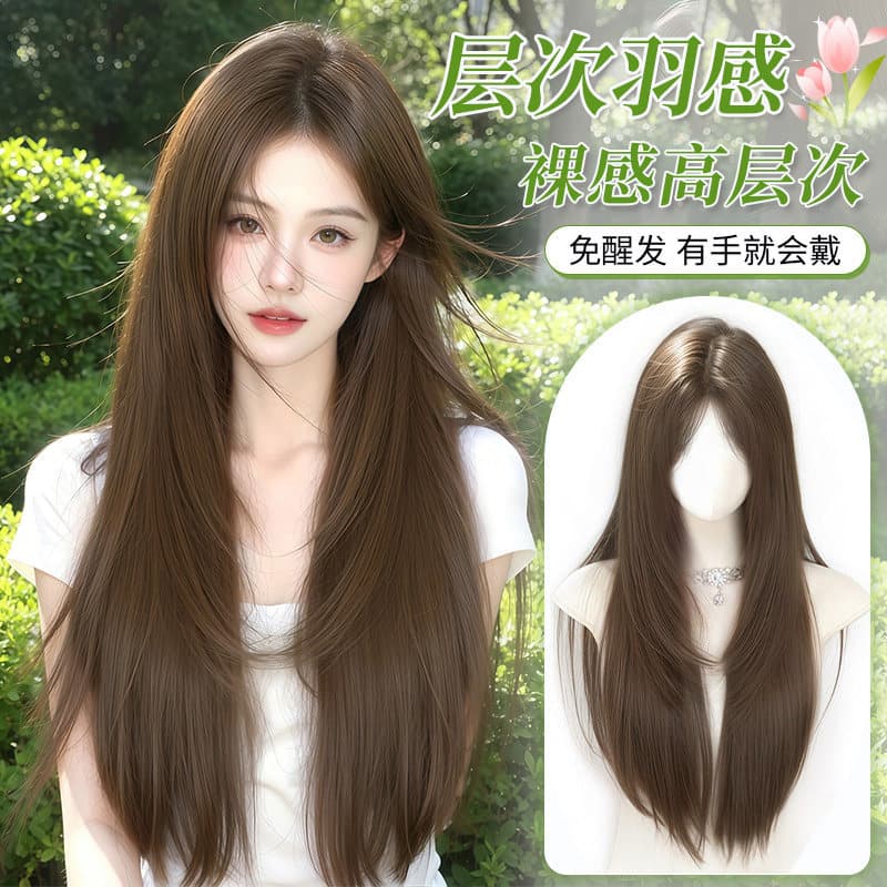 Full Wig for Women Natural Middle Part Refined High-Layer Long Straight Hair Seamless Daily Wear Whole Wig Cap