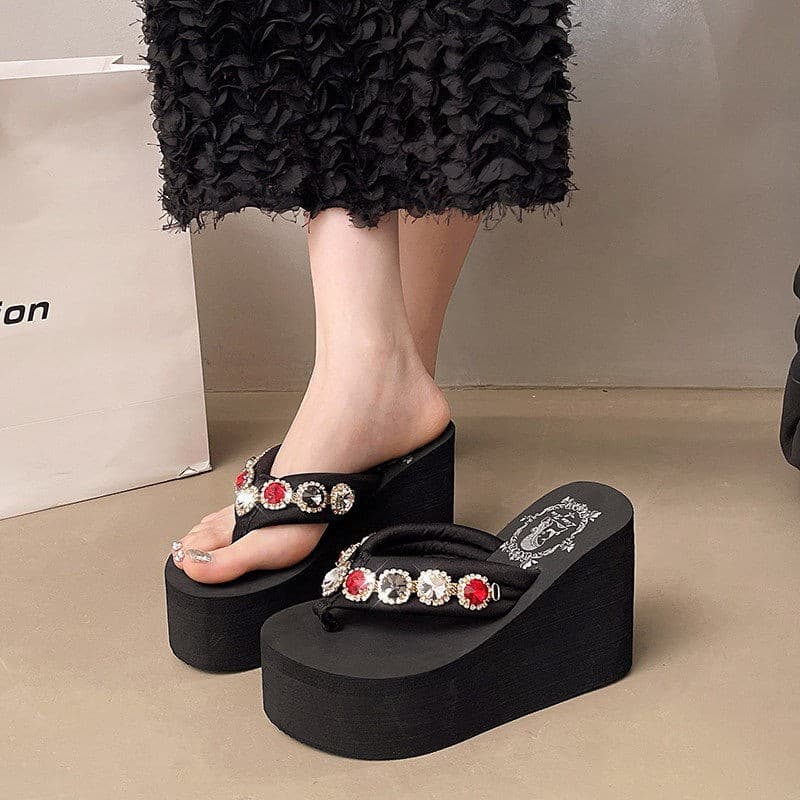 High-Heel 2026 New Flip Flops Women's Summer Fashion Rhinestone Flip Flops Anti-Slip Thick-Soled Beach Sandals Outdoor
