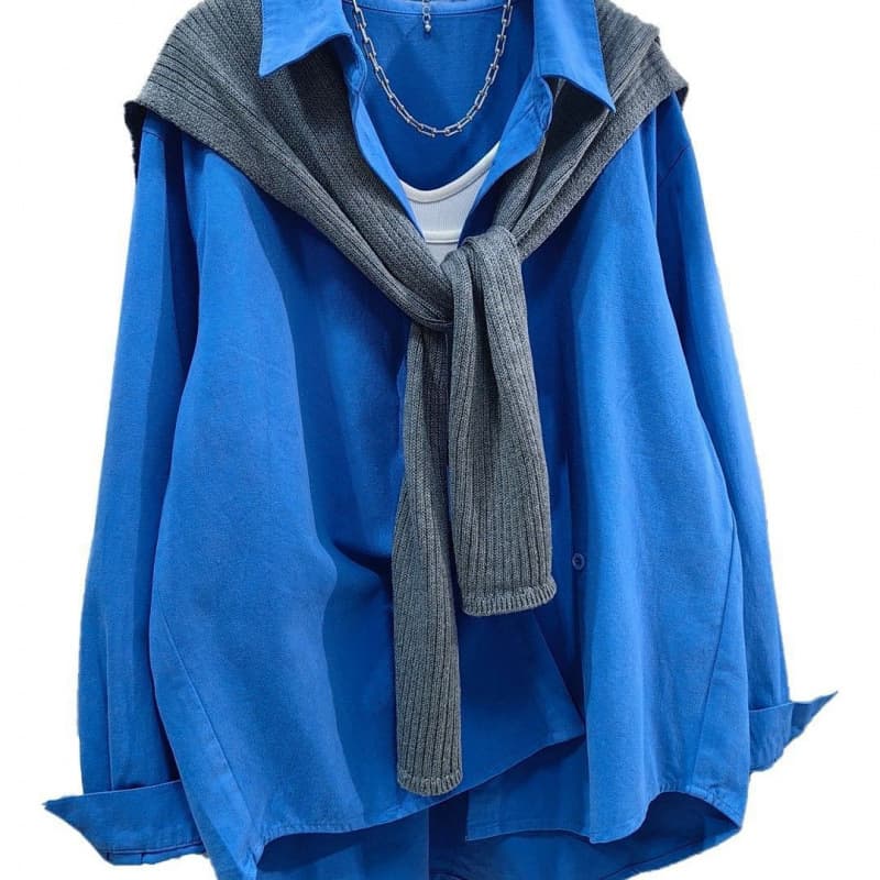 2025 Early Autumn New Korean Style Klein Blue Shirt Knit Shawl Women's Slim Fit Blouse Jacket Top