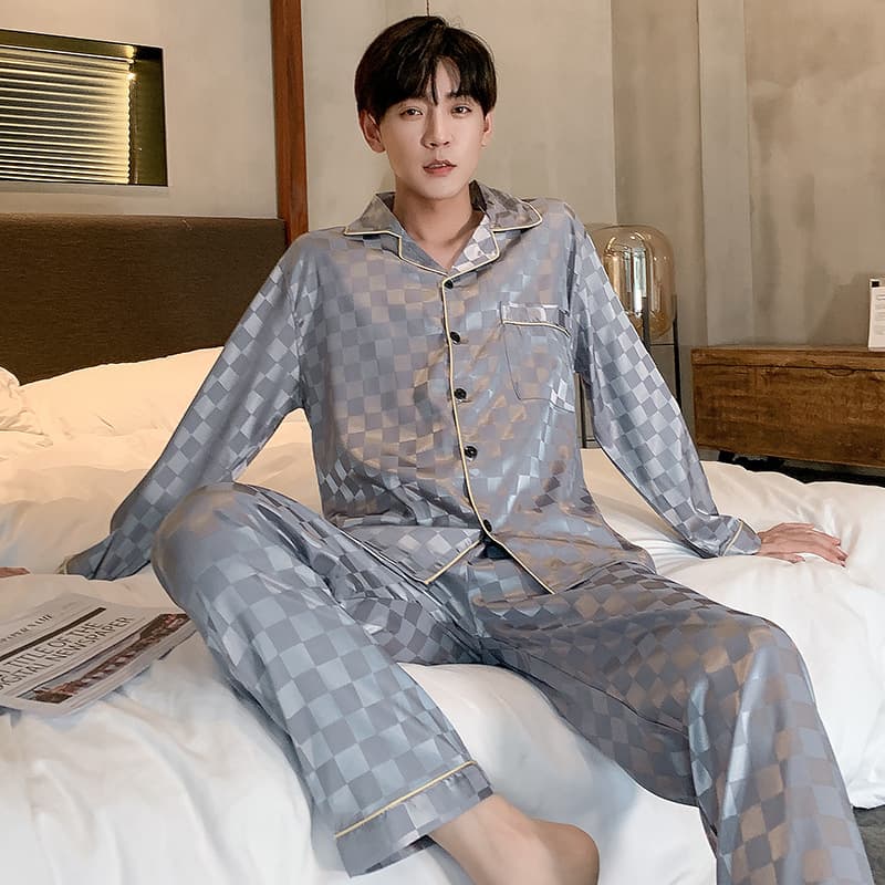 Men's Spring/Autumn Long-Sleeved Ice Silk Plus Size 200kg Loose Simple Korean-Style Silk-Like Homewear