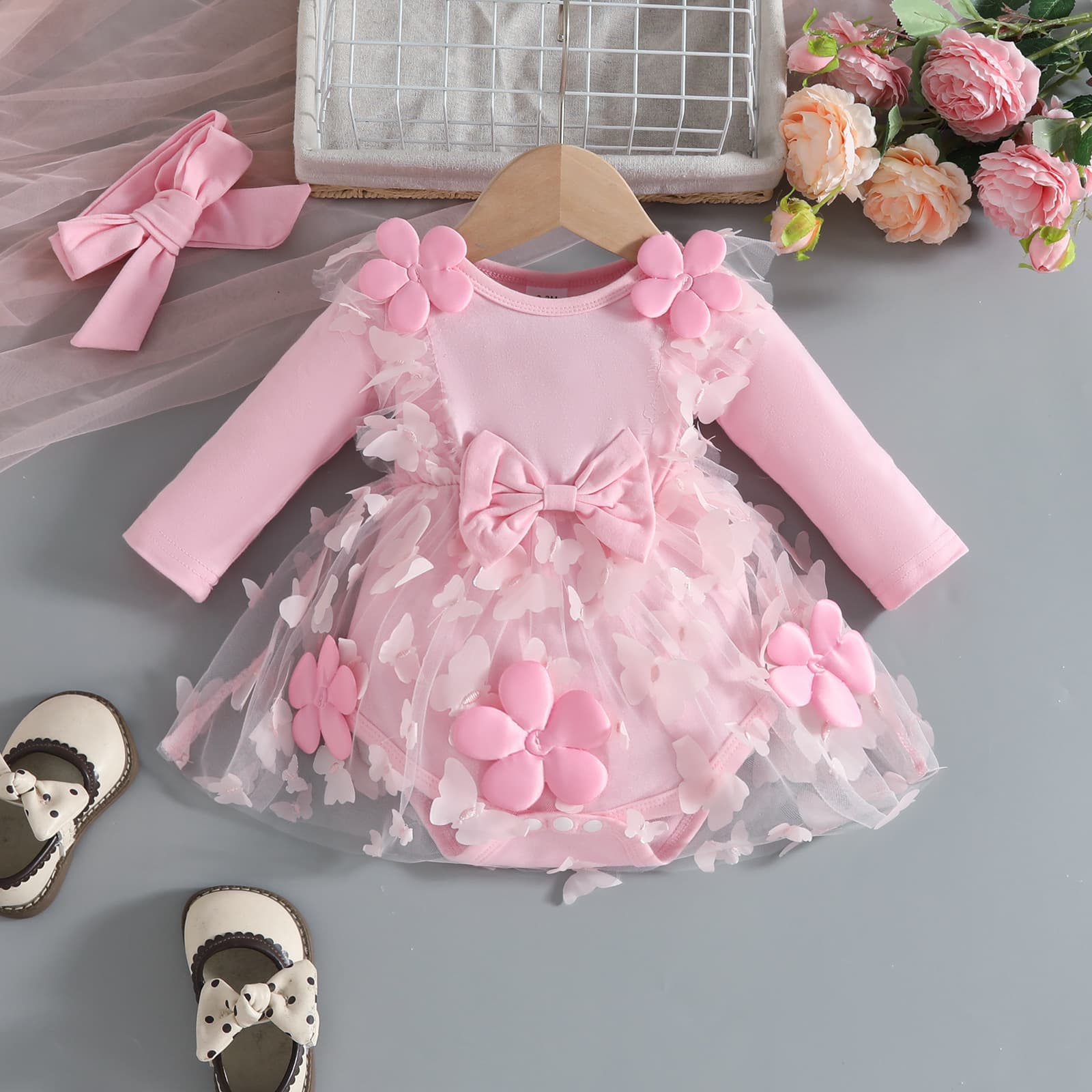 Newborn Baby Girl Autumn Winter Long-Sleeve Applique Tulle Dress with Headband, Knit Fabric Patchwork Dress
