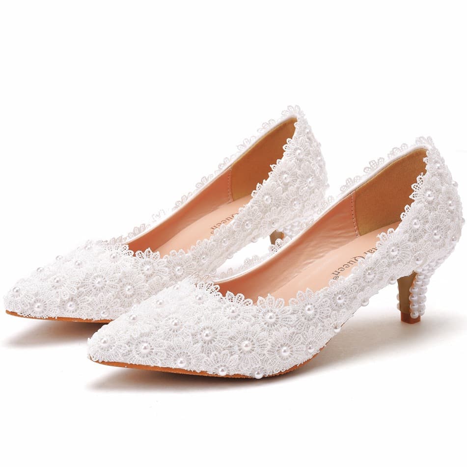 Export Plus Size 5cm Lace High Heels Thin Heel Mid Heel Wedding Shoes Work Pointed Toe Bridesmaid Shoes Annual Meeting Photo Shoes