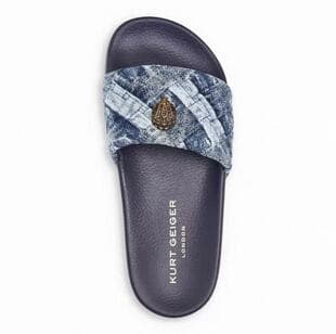 Foreign Trade Plus Size Denim Color-Block Thick Sole Flat Sandals, Metal Eagle Head KT Style Sandals, Beach Vacation Sandals