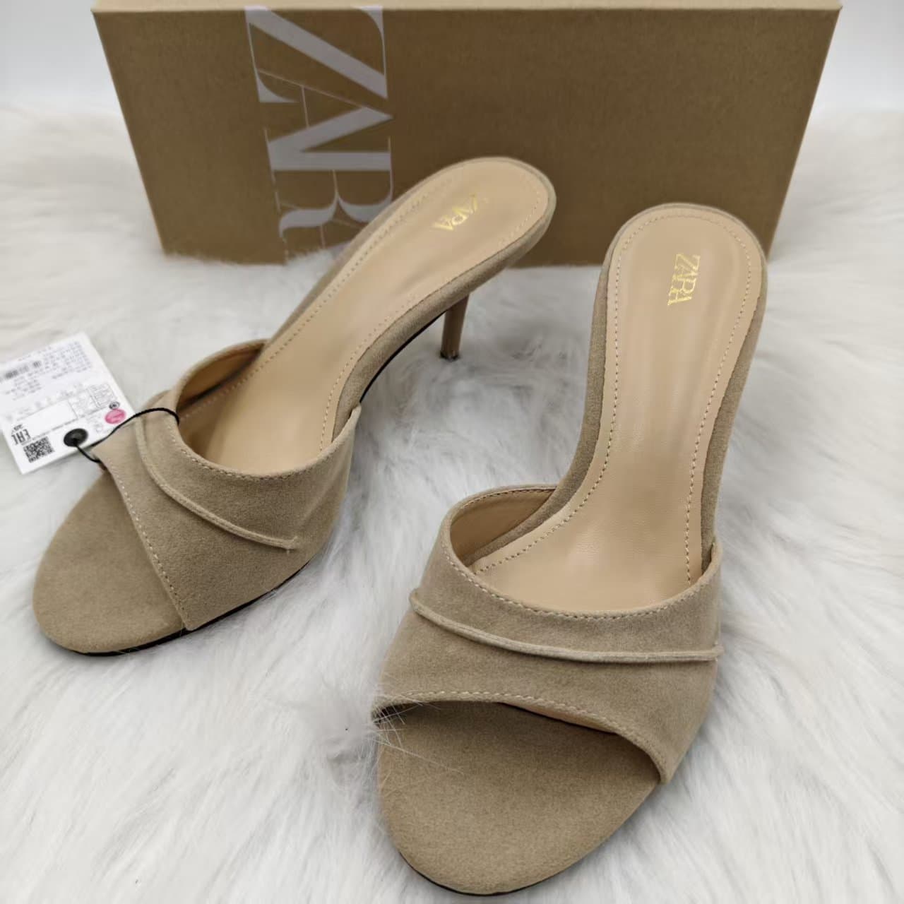 ZA Cross-border High Heel Slippers Khaki Thin Heel Open Toe High Heel Sandals for Women Summer One-Strap Sandals Retro Simple Style