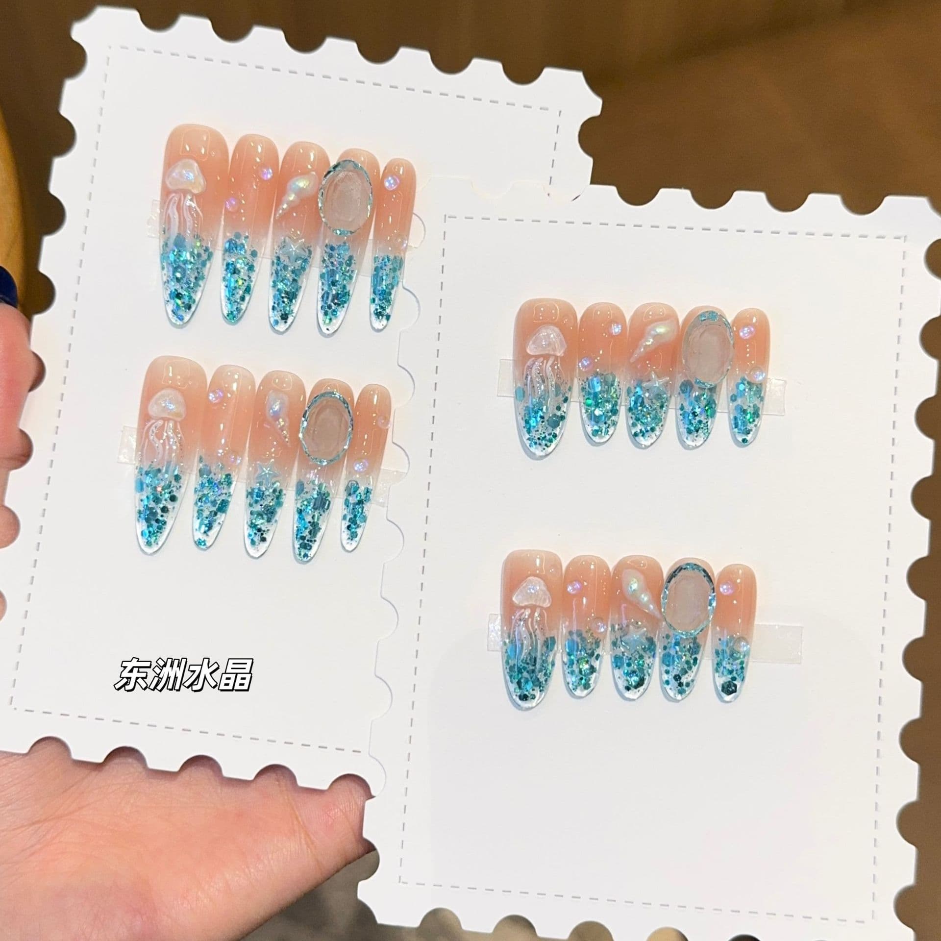 Qianfan [Sea Baby] Dongzhou Crystal Ocean Style Ins Handmade Wearable Nail Art Tips Fake Nails