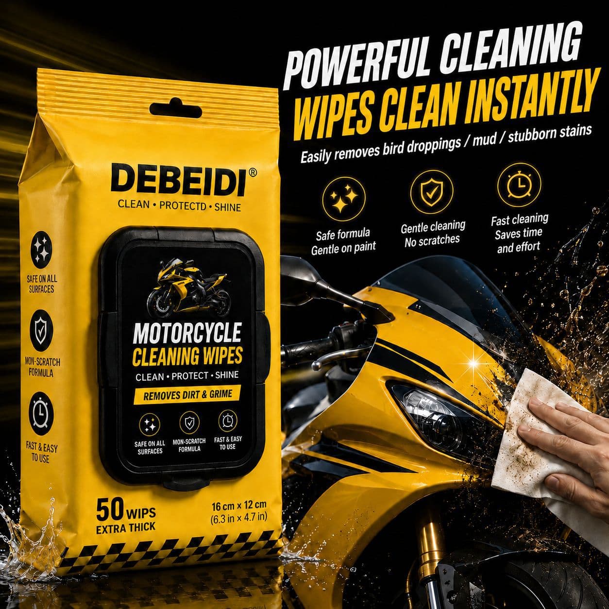 Southeast Asia Hot-Selling Motorcycle Cleaning Wipes 50 Pcs Remove Dirt and Grime Scratch-Free Car Wipe Cross-Border Foreign Trade Best Seller