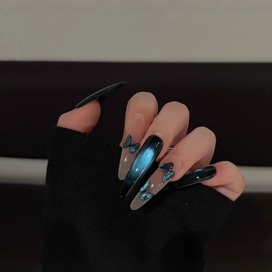 [Phantom Butterfly] Handmade Press-On Nails Handcrafted Premium Glass Bead Cat Eye Lively Butterfly Nail Tips