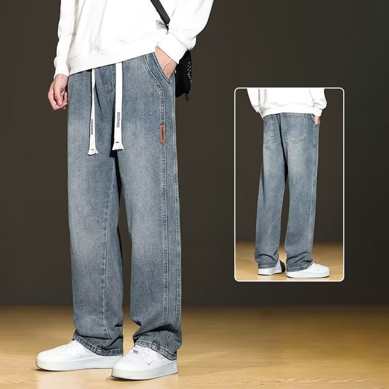 American Style Men's Jeans 2025 Summer Elastic Waist Loose Straight Casual Plus Size Long Pants Wide Leg