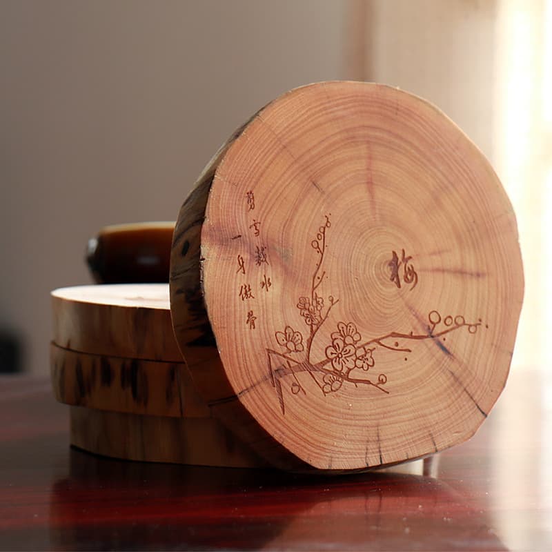 Taihang Thuja Tea Ceremony Plum, Orchid, Bamboo and Chrysanthemum Carved Tea Coasters and Hemeimei Home Tea Table Wooden Lotus Leaf Insulation Mat