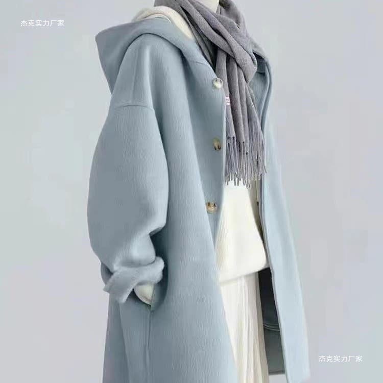 Fat extra large size woolen coat women's autumn and winter style small cream blue hooded coat