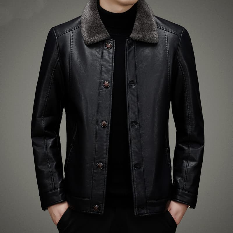 Genuine leather jacket for men, thickened with fleece lining, winter style, button-down leather jacket for middle-aged men, with a lapel.