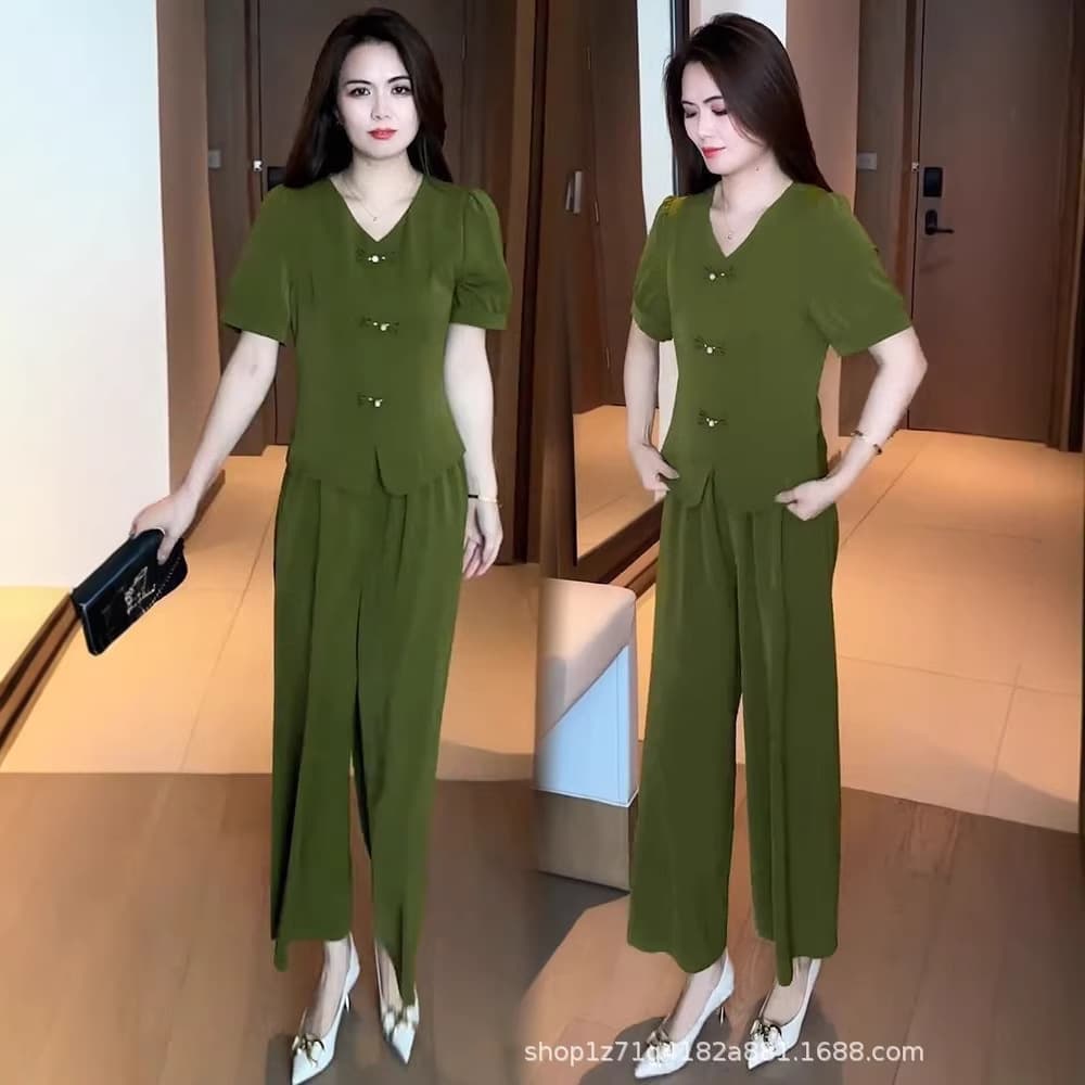 New Chinese Style Fashion Ice Silk Set for Women 2025 Summer New Trendy Slimming Mandarin Collar Short Sleeve Wide Leg Pants Two-Piece Set
