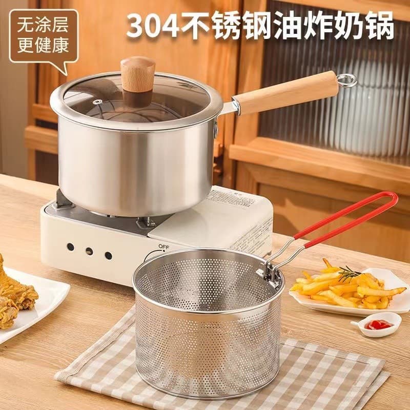 Stainless Steel Fryer, Home Deep Fryer Pot for Frying Chicken, Multi-Functional Kitchen Mini Tempura Pot with Strainer