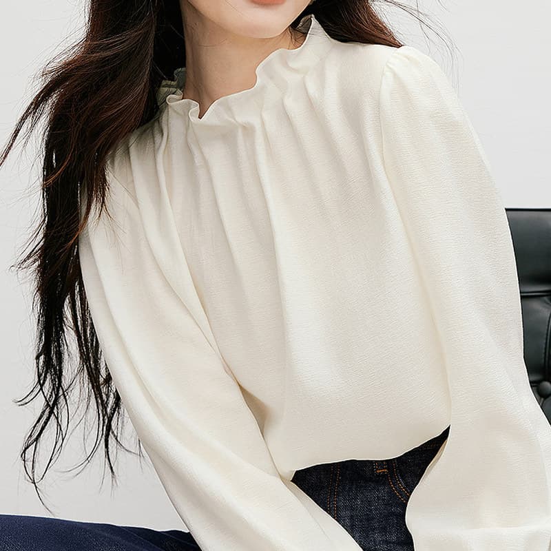 2025 New Arrival Korean Style Polyester Shirt for Spring and Autumn, Solid Color with 3D Bud Collar Long Sleeve Top