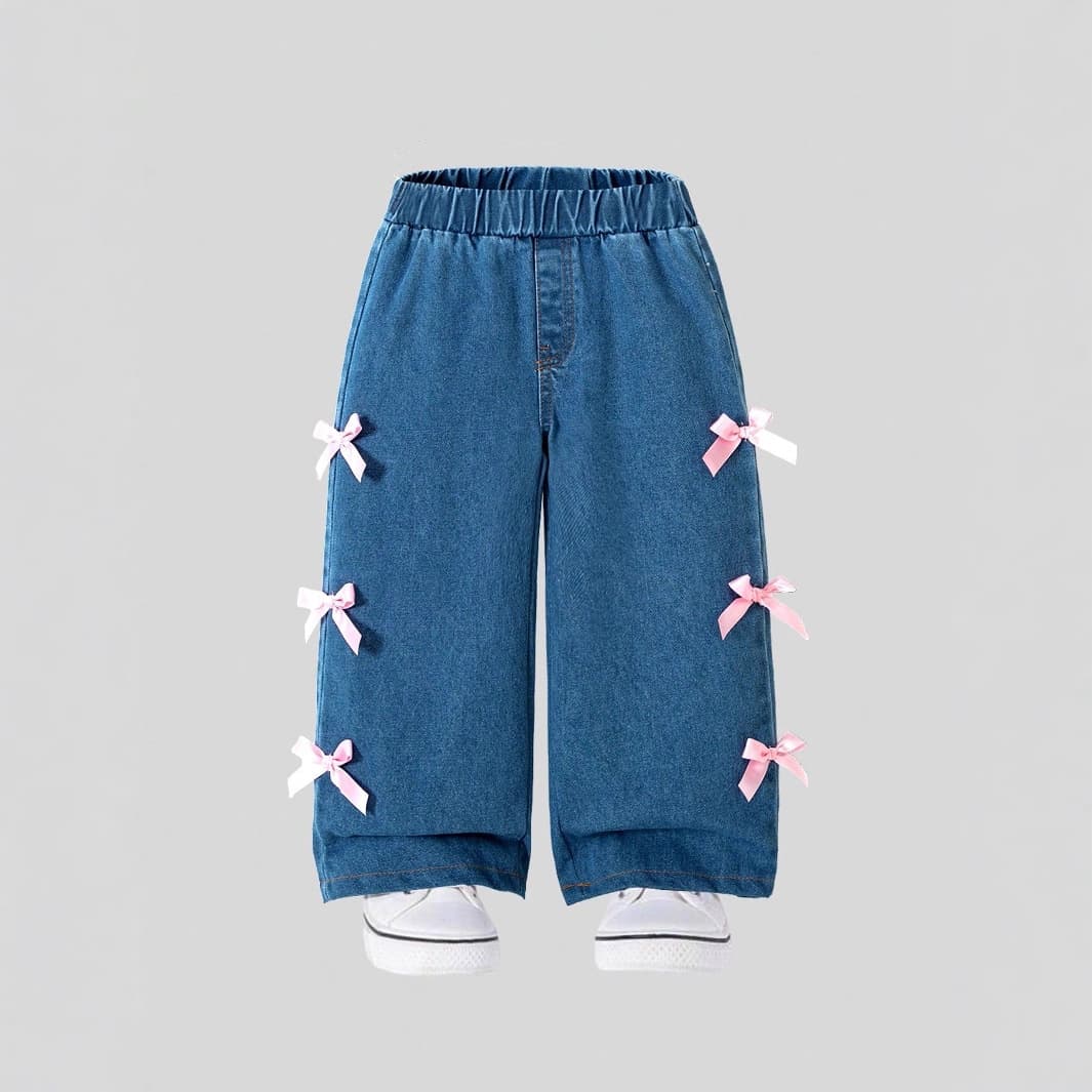 2025 Hot Selling Girls Bow Denim Washed Long Pants Cross-Border Supply