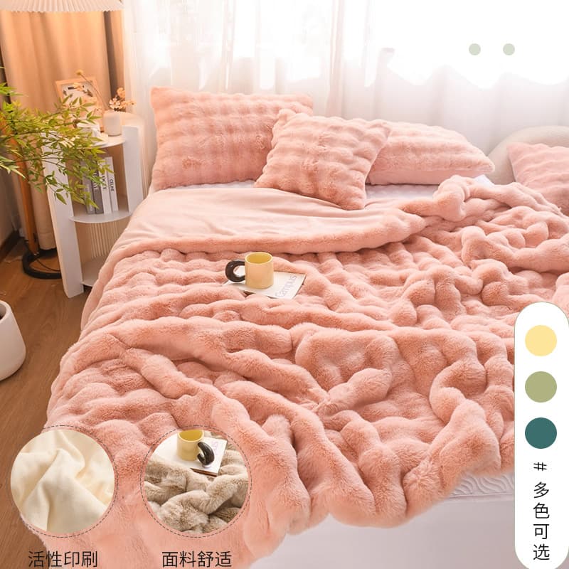 Winter luxury bunny fleece blanket, thickened double-sided fleece bedroom throw, premium rabbit fur bed set nap blanket