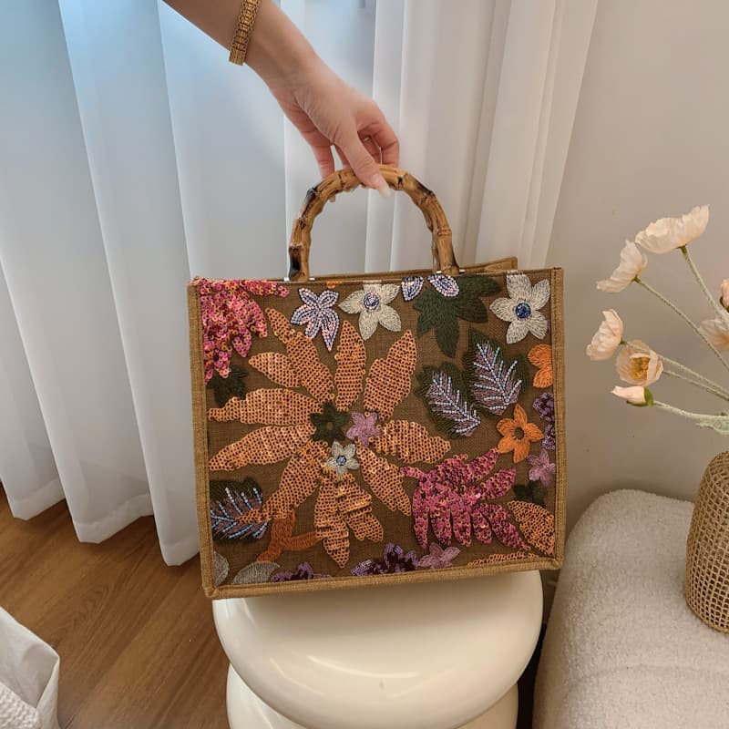 Fashionable Large Capacity Embroidered Bamboo Node Linen Tote Bag Horizontal Style Glittering Cross-Border Trend Handbag