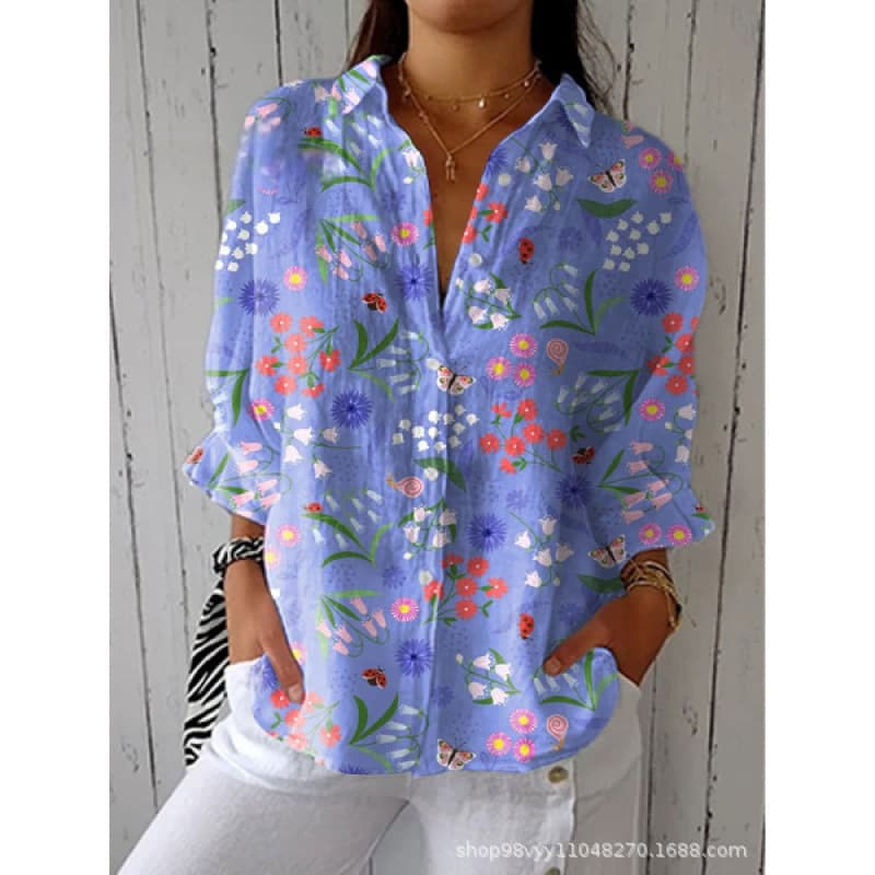 New Floral Print Export 2025 Women's Blouse Cross-Border Turn-Down Collar Shirt Amazon Women's Clothing 3D Digital Print Top