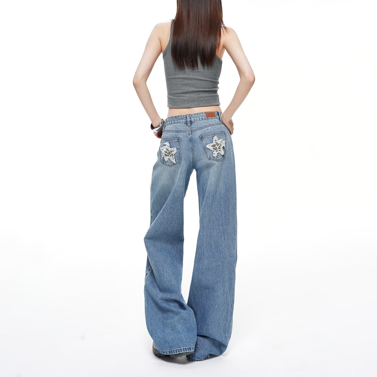 American retro leopard print star design wide-leg jeans for women, low-waisted loose straight pants, slim floor-length pants