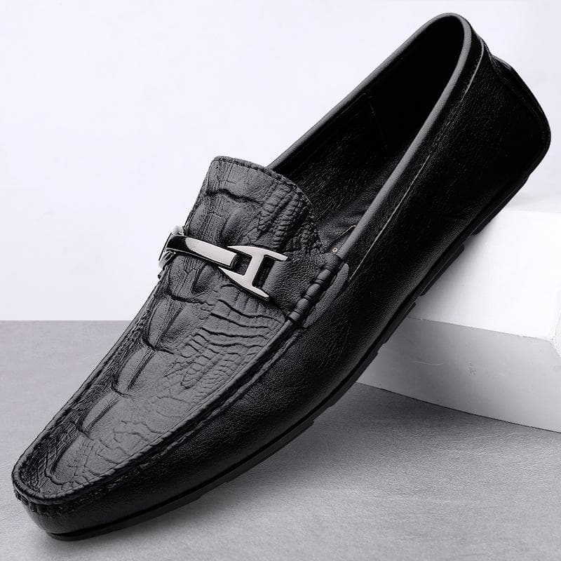 High-End Men's Autumn Fashion Breathable Anti-Slip Bean Shoes Leather Soft Bottom Casual Loafers Slip-On Round Toe Rubber Sole
