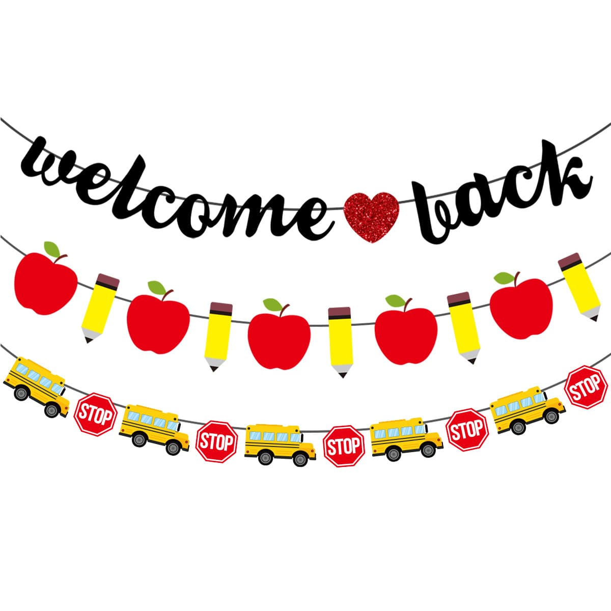 2026 Cross-border Amazon Back-to-School Classroom Decoration Apple School Bus Pencil Bunting Banner