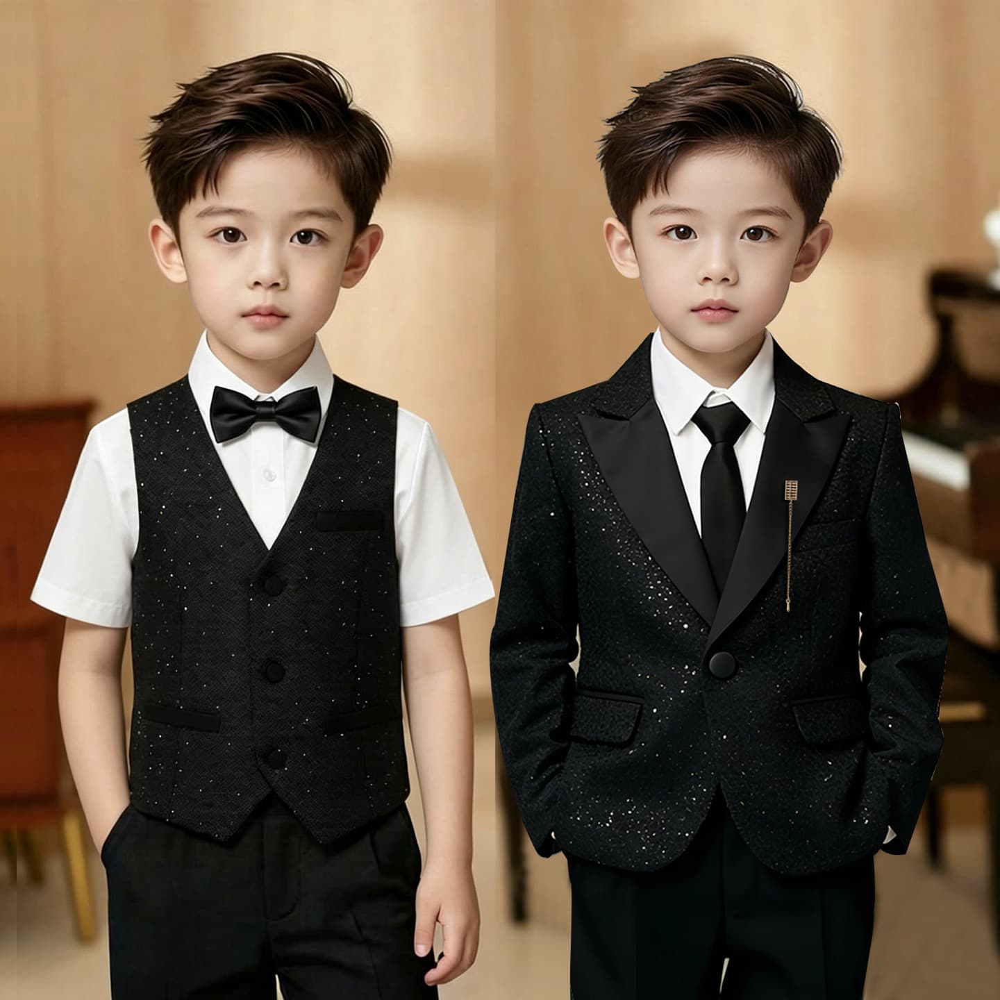 Kids Suit Set Black British Style Boys Host Tuxedo Shiny Flower Boy Birthday Suit Piano Performance Costume