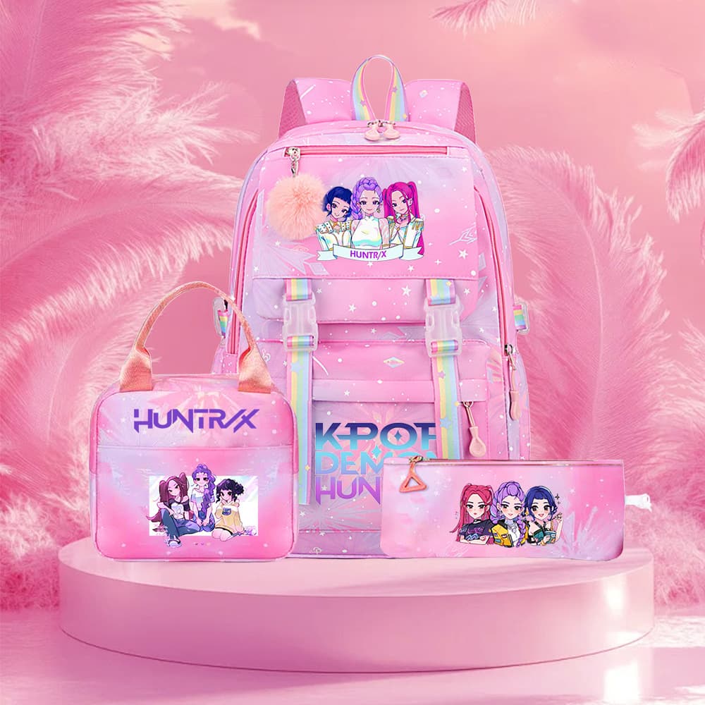 Cross-border wholesale Korean-style backpack student Kpop hunter witch group cartoon schoolbag three-piece set double-shoulder bag custom print