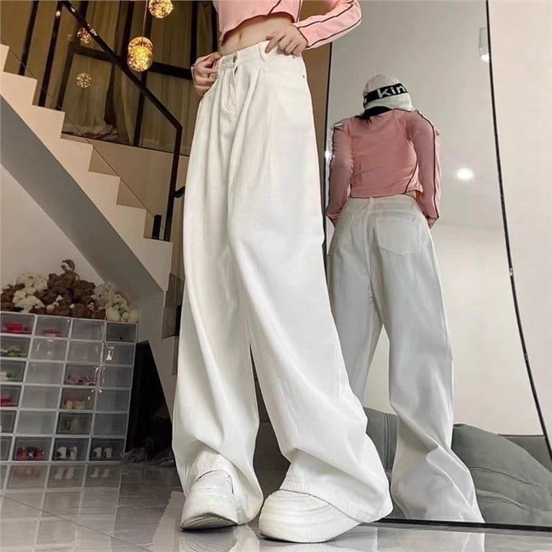 Fleece-Lined Thickened Off-White Pleated Flowy Wide-Leg Jeans for Women Winter New High-Waist Straight-Leg Floor-Length Pants