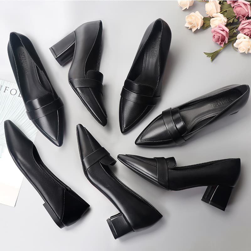 Black High Heel Work Shoes Soft Bottom Medium Heel Leather Shoes Low Heel Professional Work Shoes for Office Single Shoes