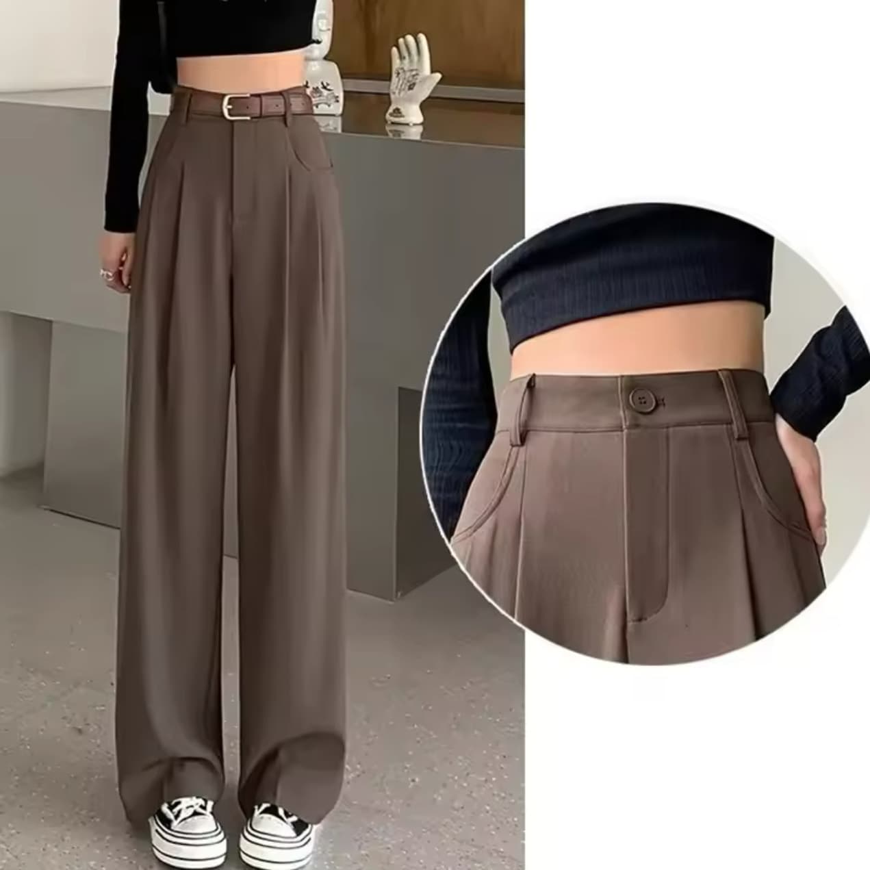 Elegant Drapey Wide Leg Pants Women's High Waist Straight Casual Floor Length Trousers Comfortable Polyester Workwear Trousers